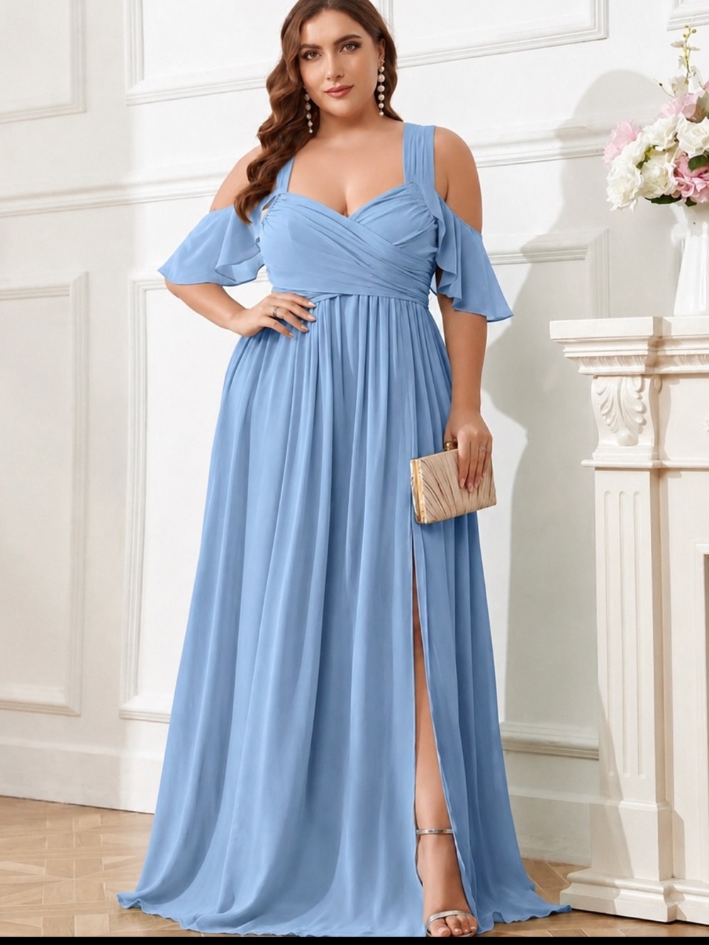 AZAZIE Light blue chiffon dress with V-neck, empire waist, and flowy skirt